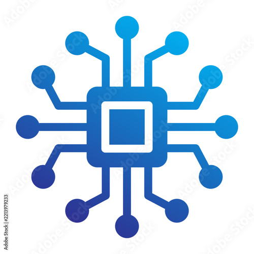 Abstract Blue Gradient Microchip Icon Representing Artificial Intelligence and Automation Workflow with Connected Nodes for Smart Digital Technology and Machine Learning Systems