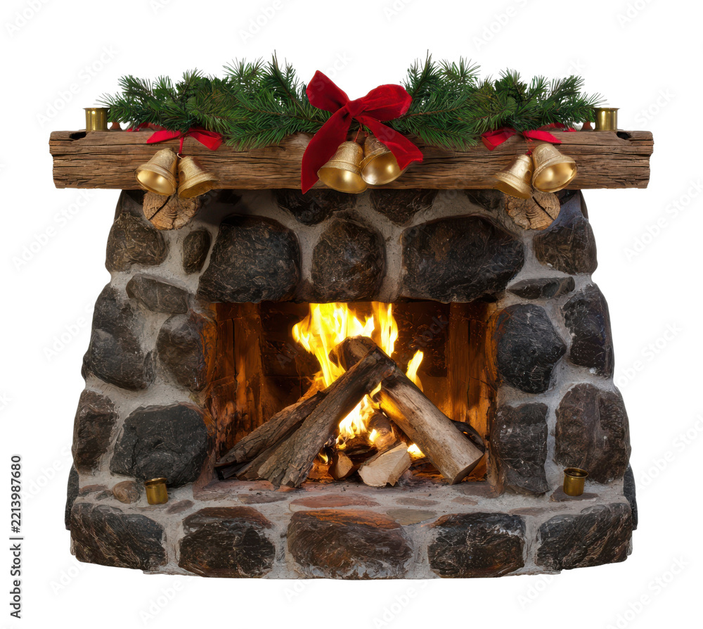 Fototapeta premium PNG Rustic Christmas fireplace with glowing fire, greenery, bells, red bow