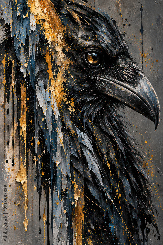 Fototapeta premium Abstract Raven Portrait with Golden Eye and Black Gold Paint Texture