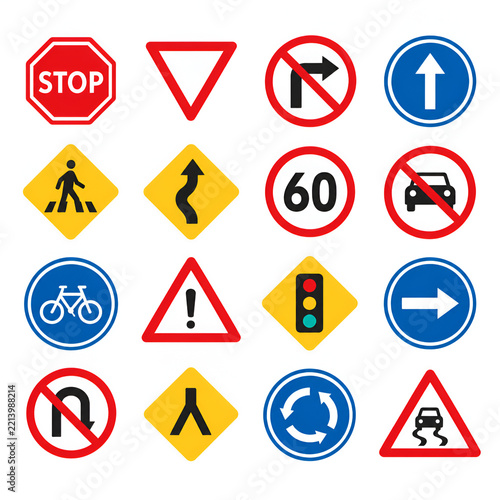 Set of sixteen road traffic signs icons, stop, yield, speed limit 60, no right turn, pedestrian crossing, roundabout, bicycle lane, traffic light, warning symbols collection