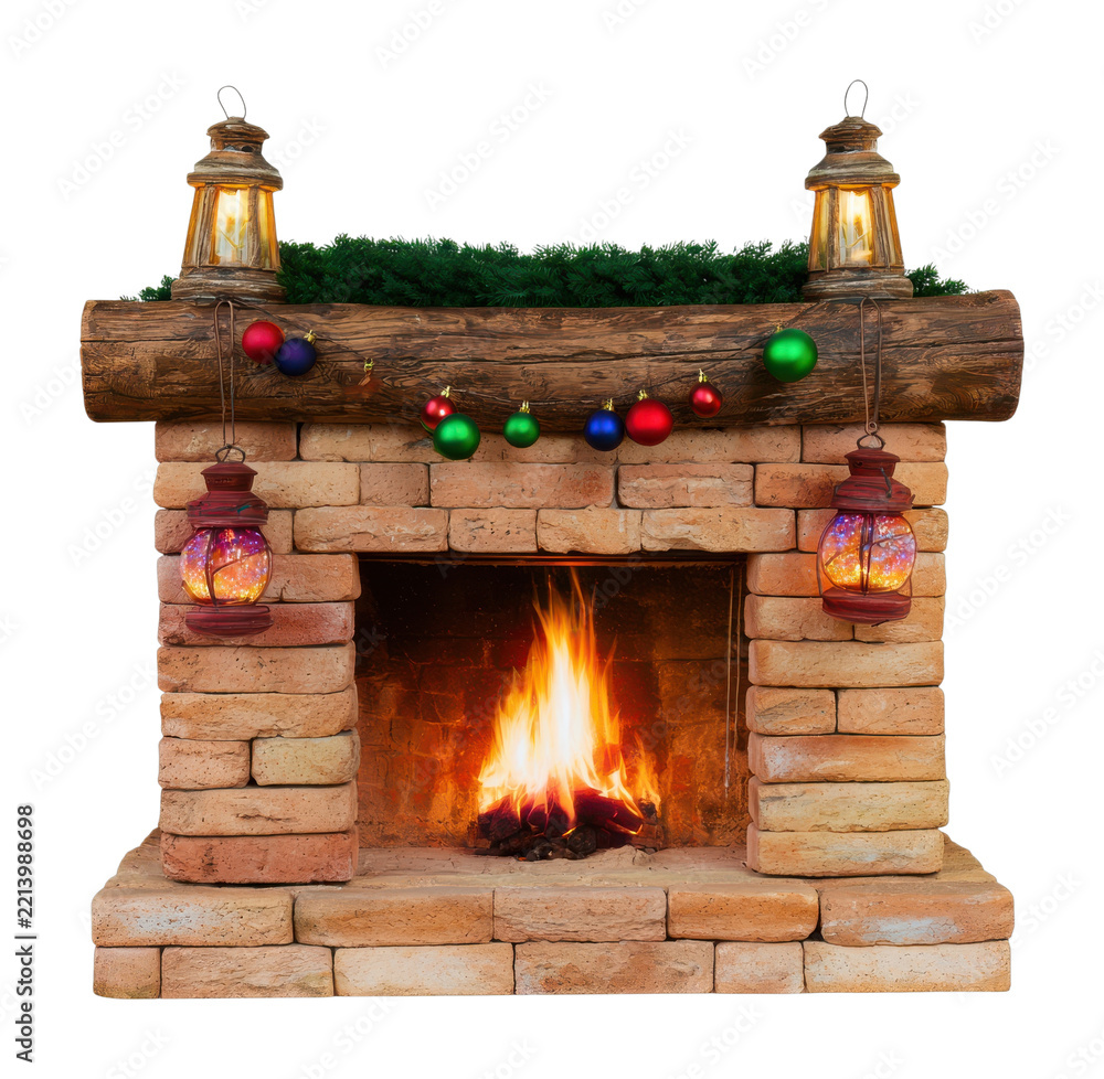 Fototapeta premium PNG Rustic Christmas fireplace with glowing lanterns and ornaments