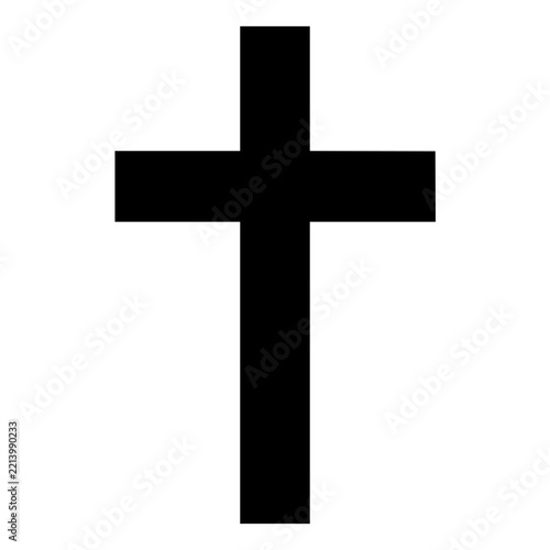 Black and white vector icon of a simple bold Christian cross with straight geometric bars, symbol of faith, Christianity, hope and religious devotion