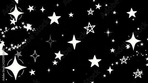 White hand drawn stars twinkling on a black background animation loop