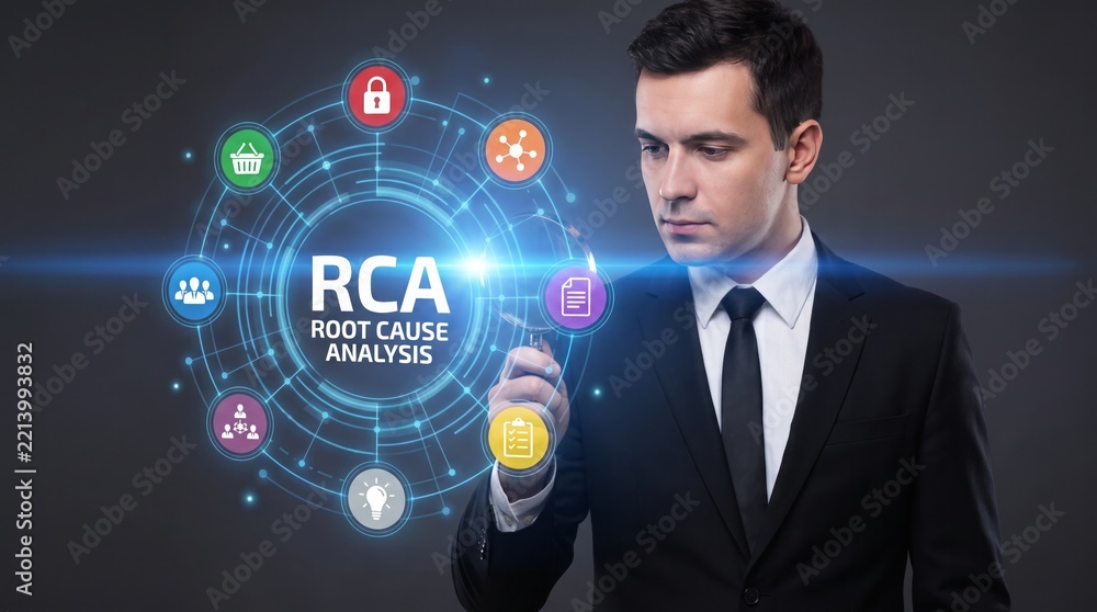 Obraz premium Businessman examining root cause analysis diagram with modern digital technology