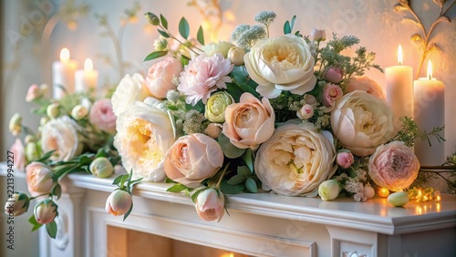 A delicate handtied arrangement of pale peonies and roses in a soft ethereal floral palette adorns the mantle