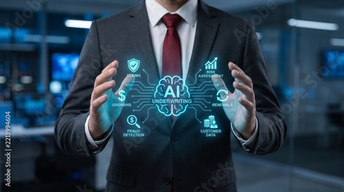 Businessman holding futuristic interface for artificial intelligence underwriting in office