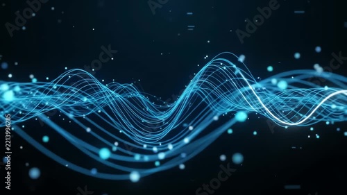 Abstract digital data waves flowing across dark technology background