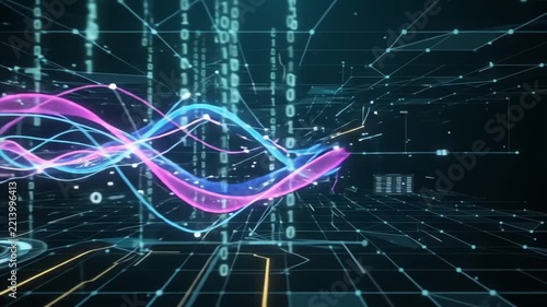 Abstract digital network animation with glowing data streams and binary code