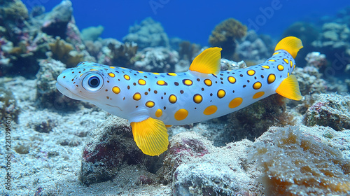 Whimsical Spotted Fish Swimming Underwater in Coral Reef, Marine Life, Aquatic Animal, Ocean Depths, Bright Colors, Tropical Seascape