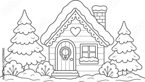Snowy Winter House Coloring Page with Fir Trees Decorative Wreath and a Heart in Cartoon Line Art