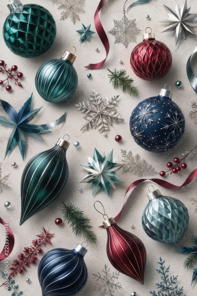 Fototapeta premium Elegant teal burgundy ornaments silver snowflakes holiday background