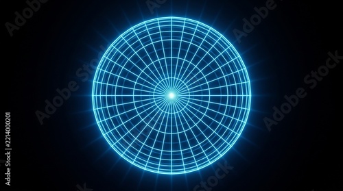 Top-down glowing holographic wireframe globe with negative space