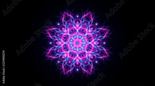 Top-down glowing holographic fractal bloom with negative space 
