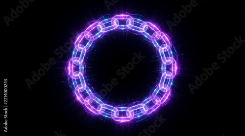 Top-down glowing holographic interlocking chain circle with negative space