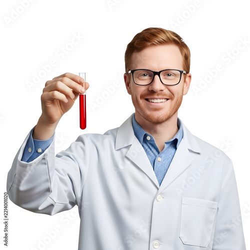 Scientist holding test tube with red liquid isolated on white background