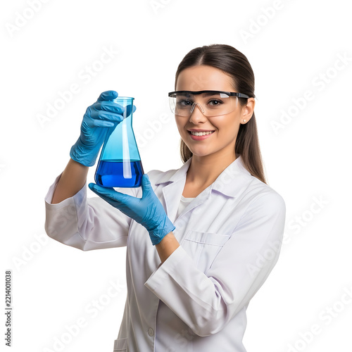 Smiling scientist holding blue test tube in lab isolated on white background