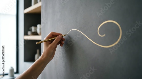 Professional Artist Creating a Minimalist Gold Swirl Mural on a Textured Grey Wall