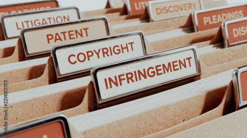 Legal file folders with copyright and patent infringement labels