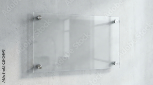 Blank transparent sign plate mockup, Nameplate template on the wall business office interior, meeting room. 3d illustration.