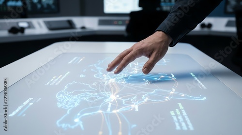 Futuristic control room with a person interacting with an interactive touch screen map interface