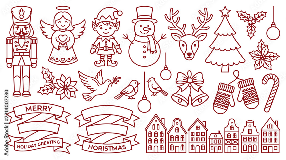 Fototapeta premium Christmas festive icons set featuring red line art illustrations for holiday card design.