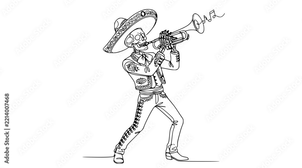 Fototapeta premium Skeleton Mariachi Musician Playing Trumpet Isolated