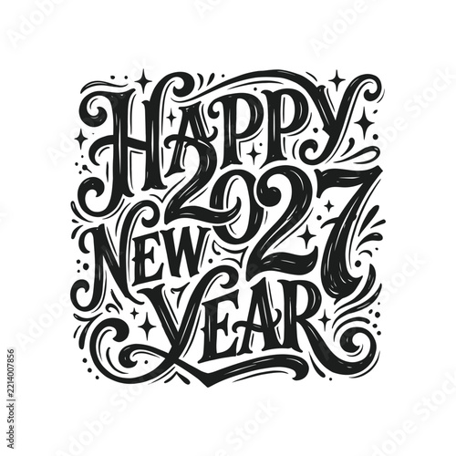 Ornate Hand Drawn Happy New Year 2027 Swirls Calligraphy Design
