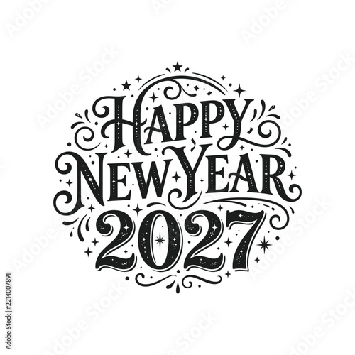 Ornate Hand Drawn Happy New Year 2027 Swirls Calligraphy Design