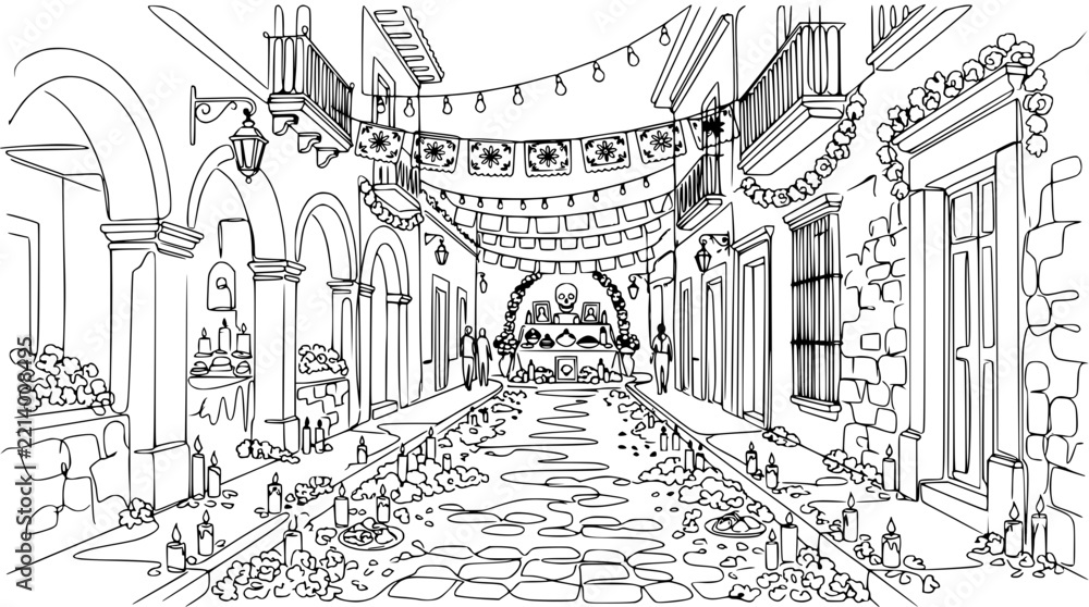 Obraz premium Day of the Dead Altar Street Scene Illustration