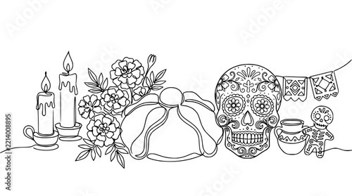 Day of the Dead altar elements: skull, bread, candles, marigolds, skeleton, papel picado