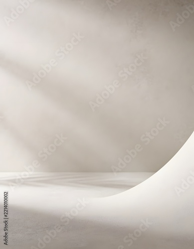 Abstract white studio background with curved wall and soft light shadows for product display