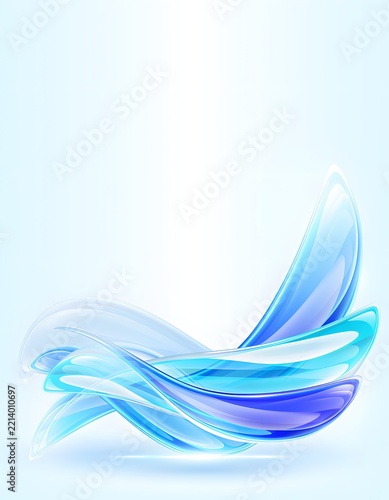Abstract blue background with dynamic wave shapes and glossy transparent elements