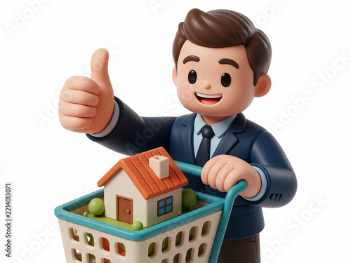 Cartoon businessman giving thumbs up with house in shopping cart real