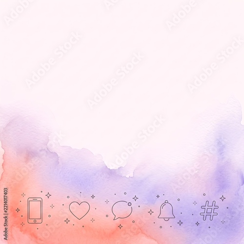 Social Media Line Icons Arranged on Purple Peach Watercolor Background with Soft Light
