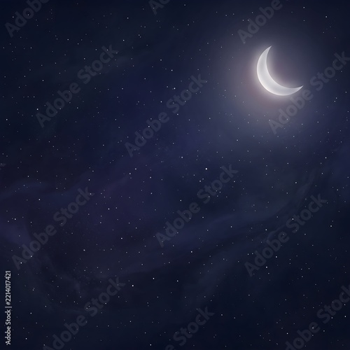Crescent Moon and Stars Glowing in Night Sky with Soft Moonlight
