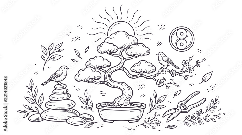 Fototapeta premium Bonsai tree line art illustration with birds and garden tools.