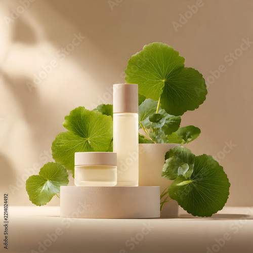 Cosmetic bottles and jars are displayed on a podium surrounded by green plant leaves.