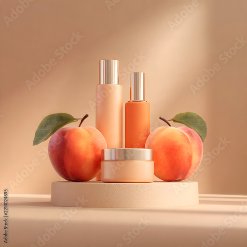 Cosmetic bottles and fresh peaches arranged together on a beige podium for a skin care product presentation.