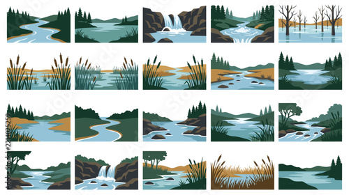 Forest river and swamp landscapes with wild nature water scenery.