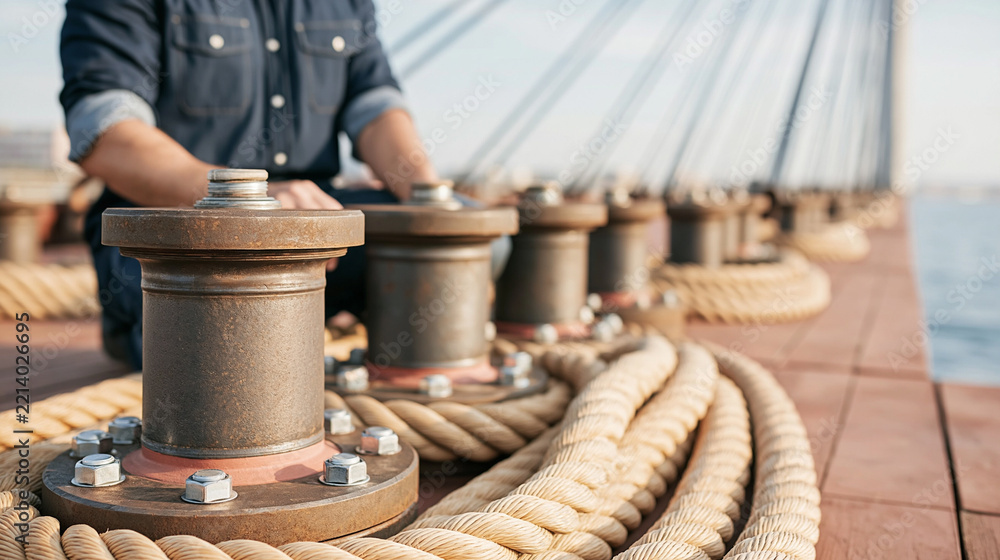 Fototapeta premium Mooring Bollards with Thick Ropes on Pier with Worker Nearby