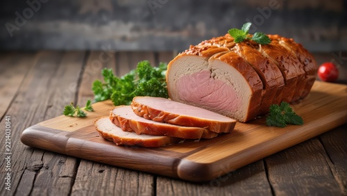 Thickly sliced smoked pork loin on a wooden cutting board