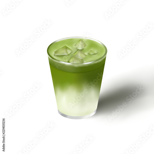 Iced matcha green tea latte with ice cubes in a glass isolated on white background