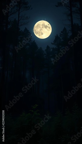 Silent forest darkness illuminated by full moon's gentle glow, silence, tent