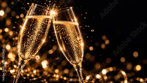 Two flutes clink with gold champagne and a splash on black. New Year luxury background for hotel and restaurant marketing design. Dark copy space for text overlay.
