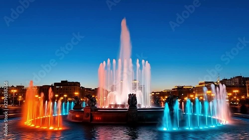 Illuminated musical fountain show with colorful water jets at night