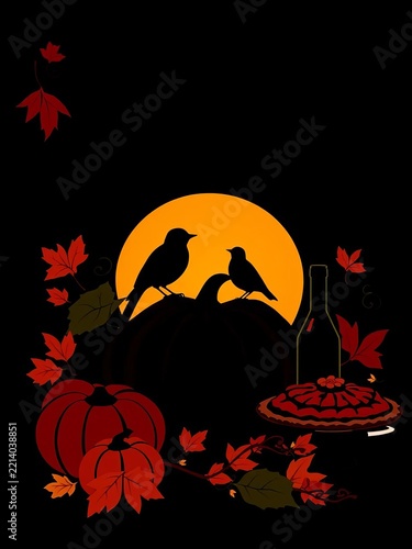 Silhouette group with pumpkin, leaves, bird, bottle, and pie, design, decorative