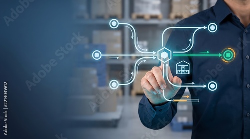 Business manager interacting a digital logistics supply chain flow chart in a warehouse with copy space layout