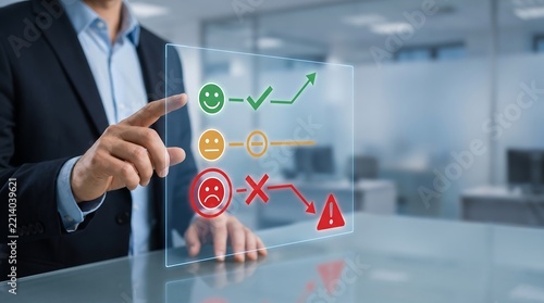 Businessman interacting a digital interface showing customer satisfaction feedback levels with copy space layout