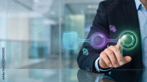 Businessman interacting a glowing digital workflow diagram on a transparent interface with copy space layout