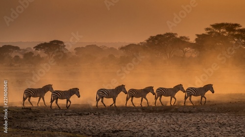 Zebras walking across cracked earth during a golden hour sunset